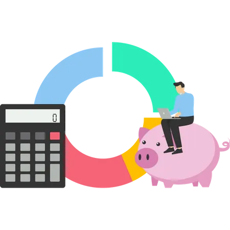 Budget Or Savings Concept Debt And Investment Analysis Cost Structure Expense And Income Balance Calculation Income Money Management A Businessman With Calculator With A Pie Chart Of The Cost Structure Illustration