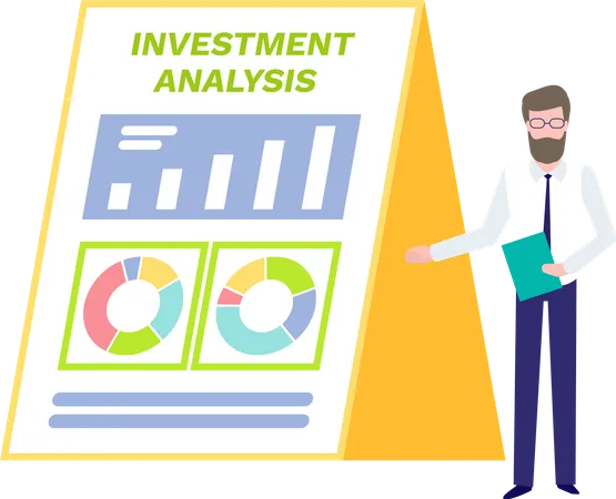 Investment Analysis Vector Person With Presentation Infographics And Numbers Pie Diagrams With Segments And Circles Financial Information Banking Illustration