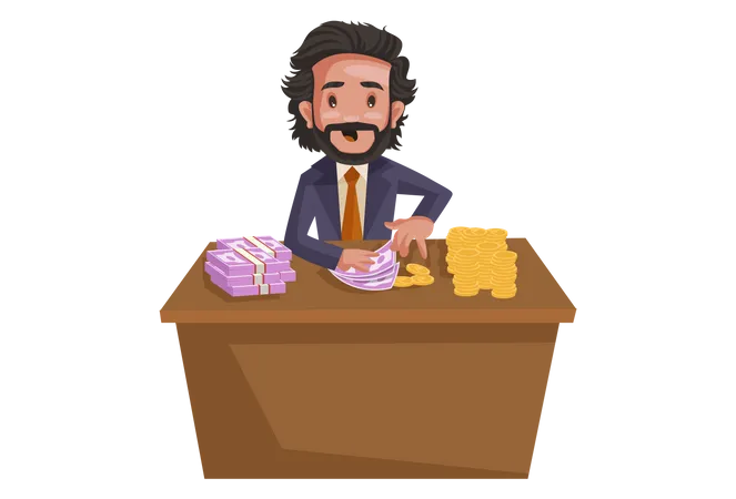 Investment consultant sitting at desk with indian rupees and gold coins  Illustration