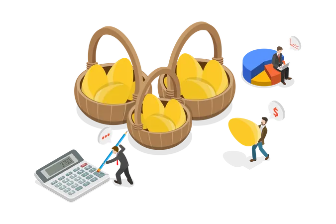 3 D Isometric Flat Vector Conceptual Illustration Of Investment Diversification Eggs In Different Baskets イラスト