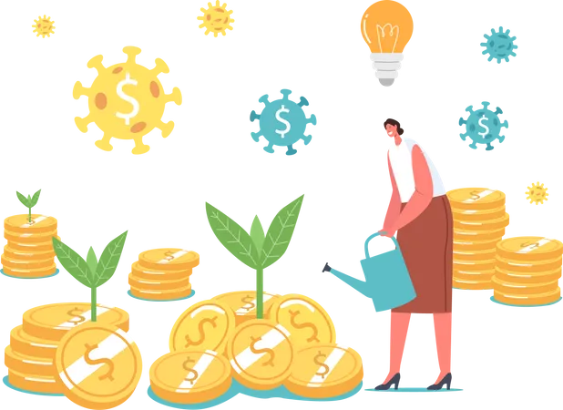Tiny Female Character With Glowing Light Bulb Over Head Growing Green Plant On Golden Coins Care Watering And Protect During Coronavirus Pandemic Help Business Recover Cartoon Vector Illustration Illustration
