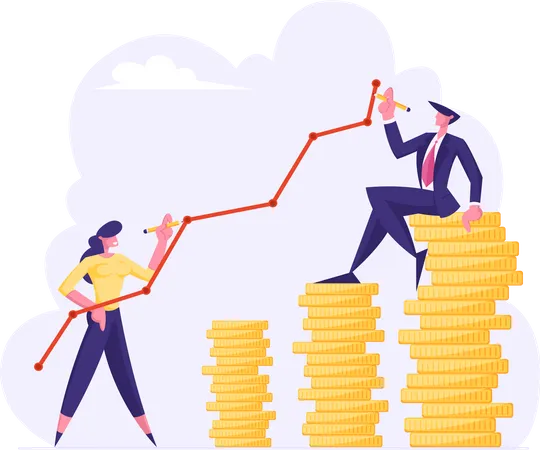 Finance Success Money Wealth Growing Concept Business People Drawing Broken Curve Line Above Golden Coin Stacks Growth Financial Profit Diagram Investment Income Cartoon Flat Vector Illustration Illustration