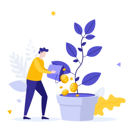 Person Watering Plant Growing In Pot With Bucket Full Of Dollar Coins Concept Of Search For Investment Startup Project Funding Investing Money In Business Flat Vector Illustration For Poster Illustration