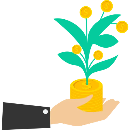 Businessman Investor Hand Holding Money Flower Plant From A Pile Of Paper Money Investment Growth Mutual Fund Or Opportunity To Make A Profit And Increase Wealth Prosperity Or Get More Money From Illustration