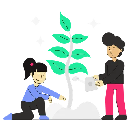 People Collaborating And Growing A Plant Together Illustration