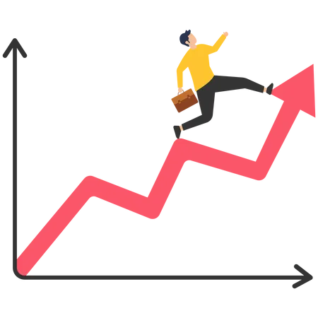 Investment growth, Stock market or fund, bond, gold, crypto, currency, Trading or exchanging currencies, Businessman running up on a growing arrow graph, Illustration Illustration