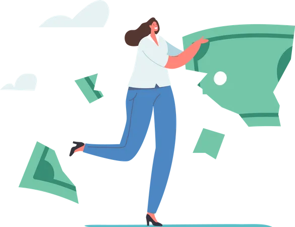 Lose Money Deflation And Inflation Concept Investment In Financial Crisis Tiny Businesswoman Character Carry Huge Dollar Banknote Fall Apart On Crumble And Parts Cartoon People Vector Illustration Illustration