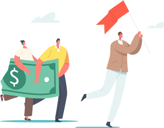 Tiny Characters With Huge Dollar Fall Apart And Reduce Value Follow Leader With Red Flag Investment In Financial Crisis Deflation Profit And Loss In Business Cartoon People Vector Illustration Illustration