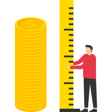 Investment Measurement Or Benchmark Wealth Monitoring With Financial Goal Or Target Concept ROI Return On Investment Businessman Investor Using Measuring Tape To Measure Stack Height Of Money Coin Illustration