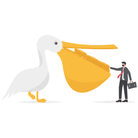 High Return Investment Bargain Stock Buying With High Profit And Dividend Savings And Wealth Management Concept Pelican Bird With Full Of Dollar Money Coins In His Mouth Giving To Rich Man Investor Illustration