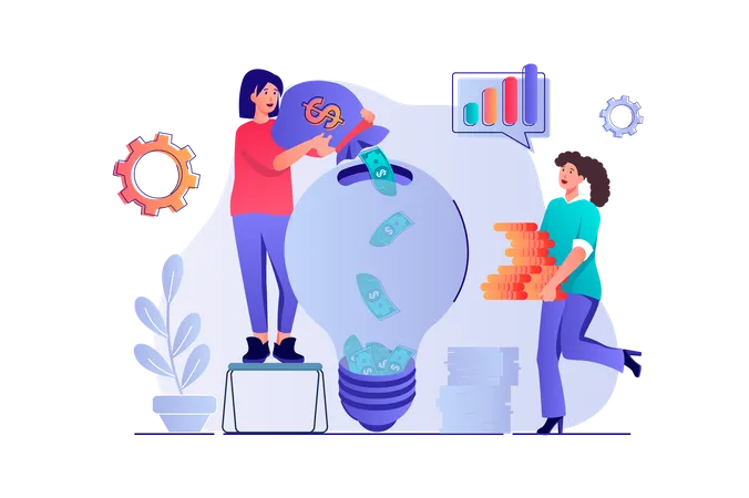 Investment Concept With People Scene Women Invest Their Savings And Personal Finances In New Idea And Develop Success Business Project Vector Illustration With Characters In Flat Design For Web イラスト