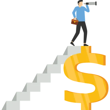 Dollar Future Viewing Concept Investment Opportunity Or Alternative Financial Asset Concept Businessman Climbing Ladder Above Dollar Using Binoculars To See Opportunity Illustration