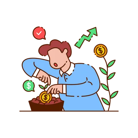 Man Planting Dollar Coins Business Growth And Investment Concept Illustration Illustration