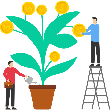 Financial Management Concept Illustration Tree Growing With Coins And Money Take Care Of Tree Watering Coins Grow And Make Money Profit Successful Business Vector Symbol Illustration