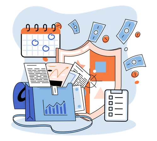 Investment portfolio with dollars or currency, buy or sell trading, market exchange value concept  Illustration