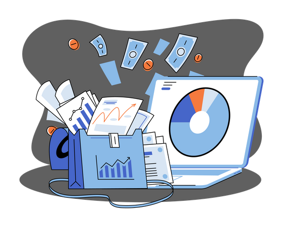 Investment portfolio with dollars or currency, buy or sell trading, market exchange value concept  Illustration