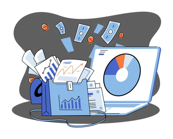 Investment portfolio with dollars or currency, buy or sell trading, market exchange value concept  Illustration