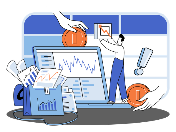 Investment portfolio with dollars or currency, buy or sell trading, market exchange value concept  Illustration