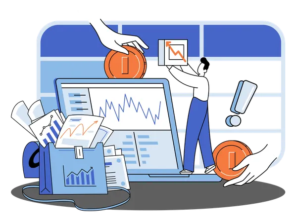 Investment portfolio with dollars or currency, buy or sell trading, market exchange value concept  Illustration