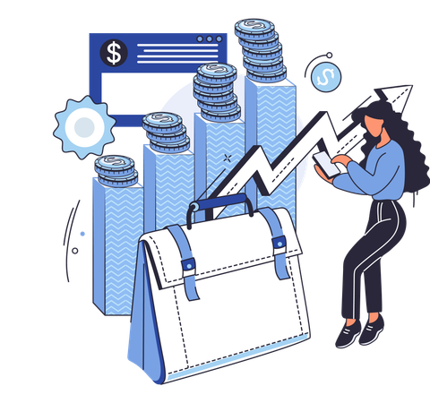 Investment portfolio with dollars or currency, buy or sell trading, market exchange value concept  Illustration