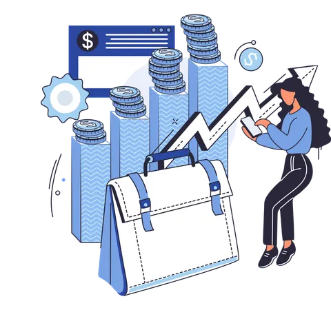 Investment portfolio with dollars or currency, buy or sell trading, market exchange value concept  Illustration