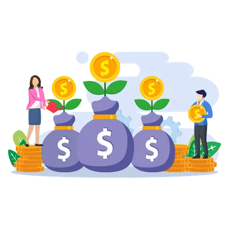 Investment Concept People Watering Money Tree With Coins Increase Financial Investment Profit Vector Illustration イラスト