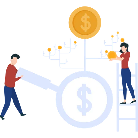 A Boy With A Dollar Search And A Girl With A Dollar Coin Standing On A Ladder Illustration