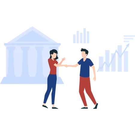 A Girl And A Boy Shake Their Hands Outside The Bank Illustration