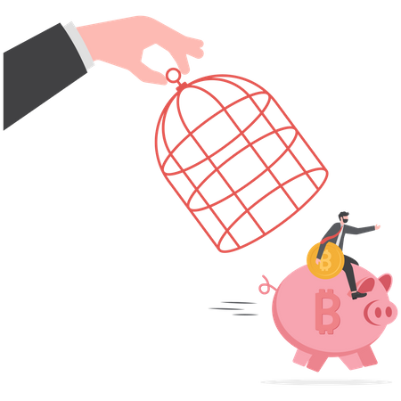 Investor carrying bitcoin riding a piggy bank run away from government cage  Illustration