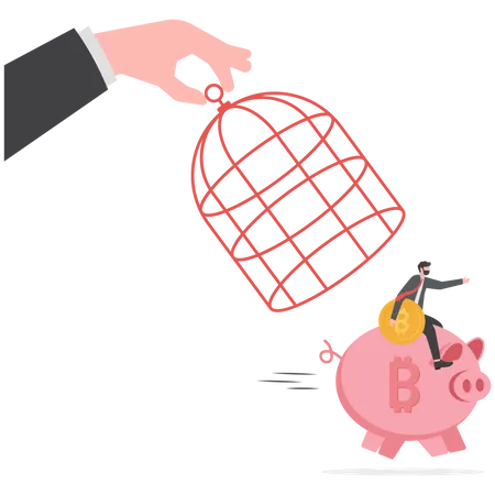 Investor carrying bitcoin riding a piggy bank run away from government cage  Illustration