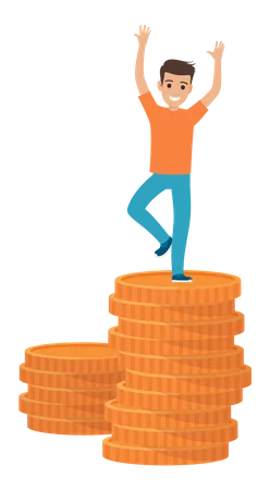 Happy Businessman With Cash Money Man Dancing On Stack Of Currency Pennies Positive Guy Rejoices At Wealth And Business Success Male Character In Dance On Pile Of Gold Coins Vector Illustration 일러스트레이션