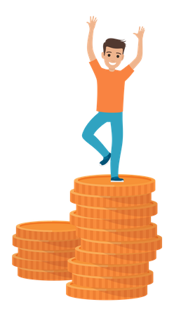 Investor dancing on pile of gold coins  Illustration