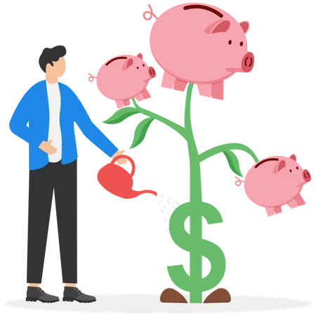Investor finish watering growing money plant seedling with piggy bank flower  イラスト