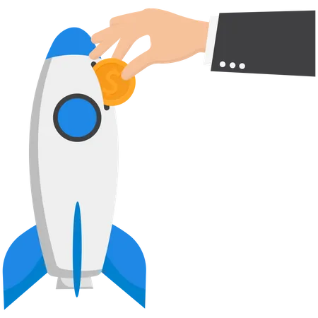 Businessmen And Investor Put Money Coin Into Innovative Rocket To Launch Company Funding Startup Company Or Venture Capital Investment Illustration