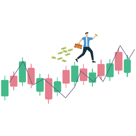 Investor Running on Candlestick Chart with Money Briefcase  Illustration