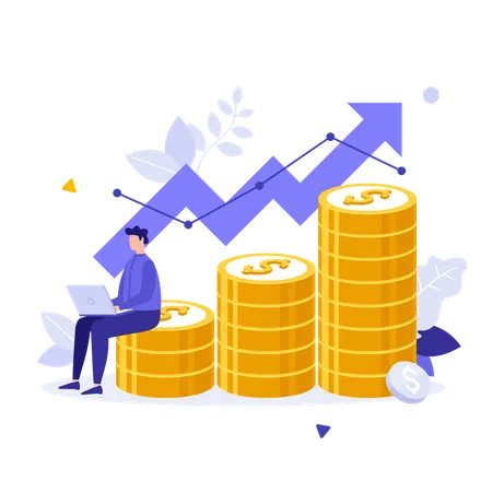 Investor Sitting On Coins Stack Under Rising Arrow  Illustration