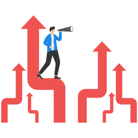 Investor Standing On Upward Arrow Looking Through A Telescope Concept Investment Illustration