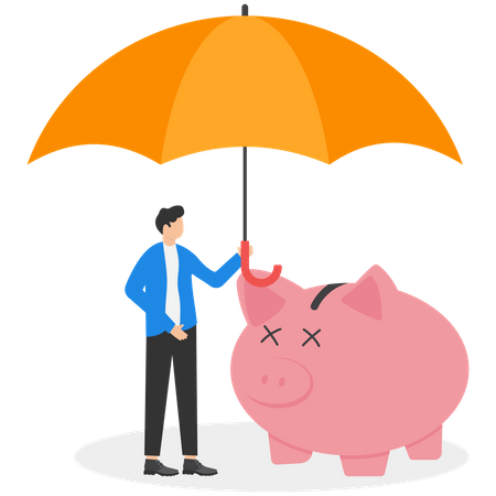 Investor with piggy bank safety money covered by big umbrella Illustration