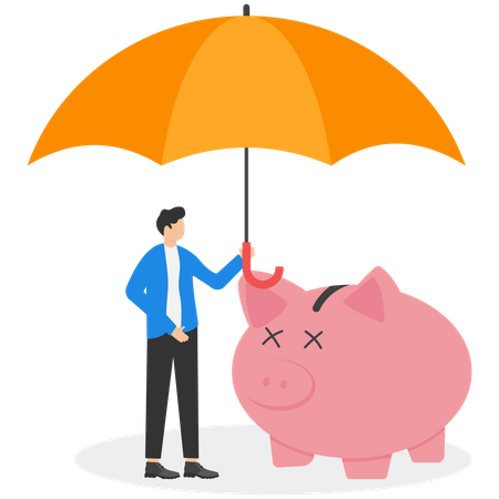 Investor with piggy bank safety money covered by big umbrella  Illustration