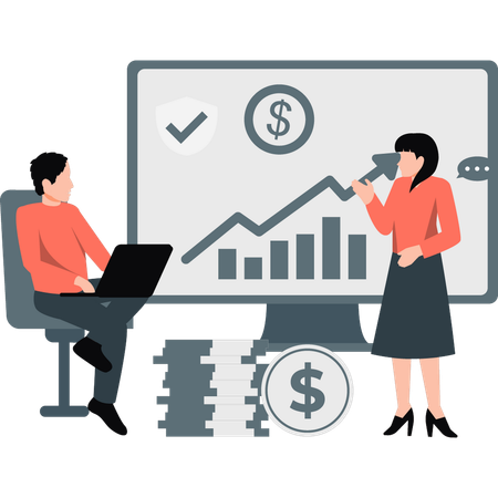 Investors discuss about rise in business graphs  Illustration