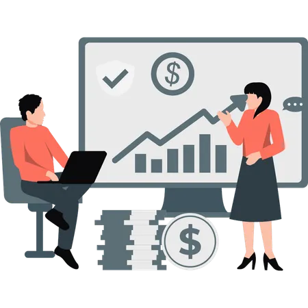 Investors discuss about rise in business graphs  Illustration