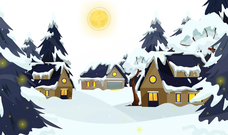 Invierno rural con casa  Ilustración