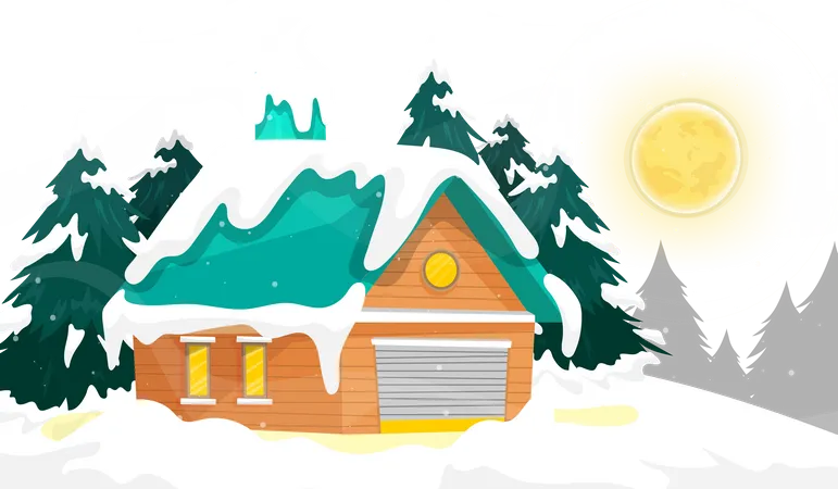 Invierno rural con casa en nevado.  Ilustración