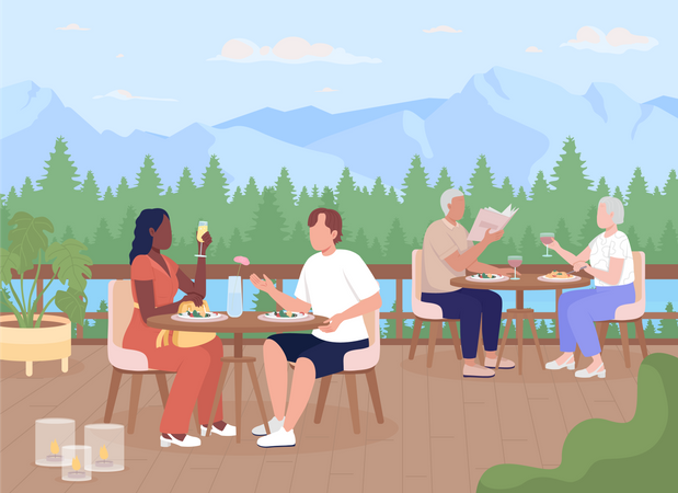 Invitados disfrutando de una cena en un resort de montaña  Ilustración