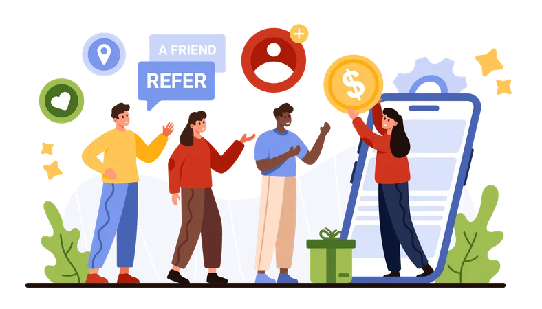 Loyalty Program Invite Friend Bonus Or Cashback Discount Offer Tiny Woman On Mobile Phone Screen Holding Earnings Coin To Give Rewards For Group Of Referral People Cartoon Vector Illustration Illustration