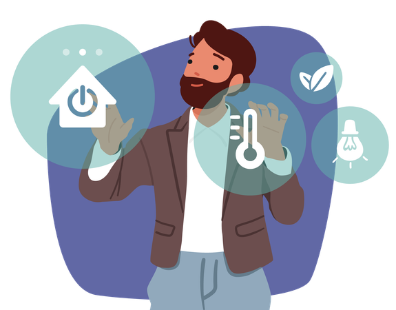 スマートホームの人工知能支援を備えた IoT 機器の仮想パネルを使用する男性  イラスト