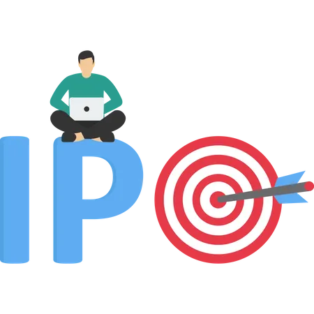 The Concept Of IPO Initial Public Offering Company Going Public In The Stock Market Trading In Entrepreneurs Shares In Writing IPO With Bullseye Target Generate Profits From New Shares 일러스트레이션
