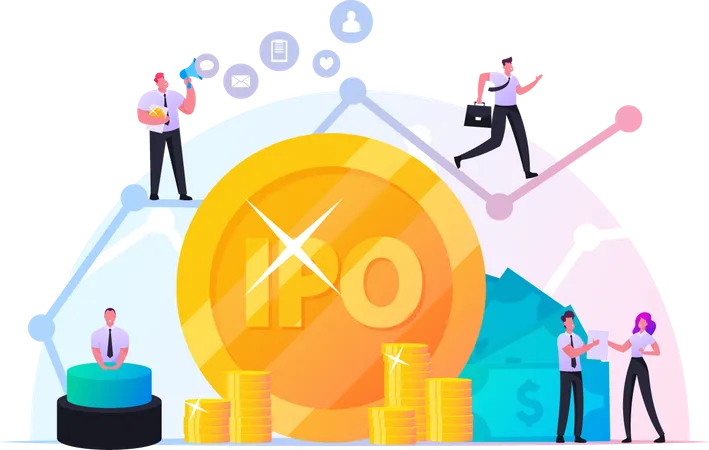 IPO Initial Public Offering Tiny Male And Female Characters Businessmen Businesswomen Traders At Huge Growing Arrow Graph And Golden Coins Stock Market Shares Cartoon People Vector Illustration Illustration