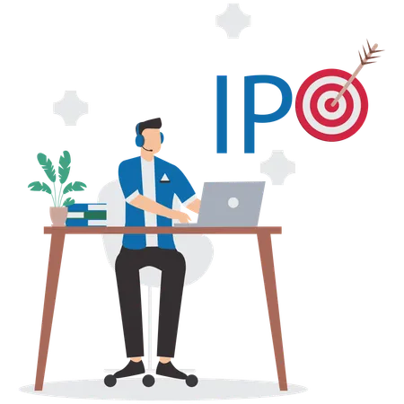 IPO, Initial public offering, businessman setting up an investing strategy using a laptop  Illustration