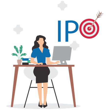 IPO, Initial public offering, businesswoman setting up an investing strategy using a laptop  Illustration